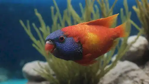 Un colorido tiro de un pez de acuario Lorikeet Pez nadando cerca de un arrecife de coral