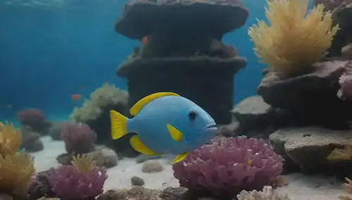 Una colorida escena del acuario con un juguetón pez loro nadando cerca de un arrecife de coral, rodeado de escuelas de peces pequeños, y un pecho de tesoro hundido en el fondo, con unas pocas plantas acuáticas ondeando suavemente en las corrientes de agua, mostrando sus escalas vibrantes y aletas que fluyen