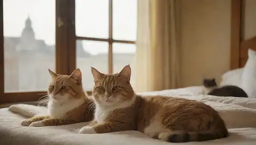 3-4 gatos saltando en una cama de felpa, rodeado de mantas suaves y almohadas, frente a una elegante fachada hotelera, con la luz del sol fluyendo a través de grandes ventanales, y unos pocos juguetes gatos dispersos alrededor, transportando una sensación de relajación y comodidad