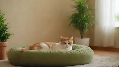 Camas para gatos, iluminación suave, ambiente tranquilo, rincones acogedores, cómodos cojines, jardín privado al aire libre con exuberante vegetación, fondo sereno, lujosa decoración, colores relajantes, elegante diseño interior, tonos cálidos, alfombras de felpa, cómodos espacios de bocina, muebles elegantes, ambiente calmante
