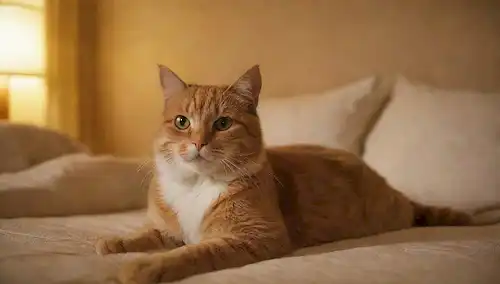 Gato perezoso colgando en una cama de felpa, rodeado de almohadas suaves y mantas; iluminación dorada cálida; un telón de fondo minimalista de la habitación hotel con patrones sutiles; unos juguetes estratégicamente colocados o postes de arañazo para añadir whimsy