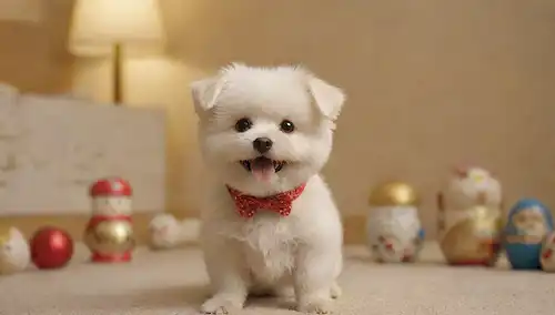 3D rendering of a small fluffy white dog with a smile face, standing on a soft tapeed surface, surrounded by toys and a few Russian nesting dolls, with a warm golden light in the background, showcasing its endearing expression