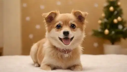 Un perro pequeño, rubio, con una cola rizada, ojos grandes y una cara sonriente, rodeado de copos de nieve suaves y blancos, con un fondo cálido y dorado, con unos delicados adornos de mano o flores alrededor del cuerpo de perros