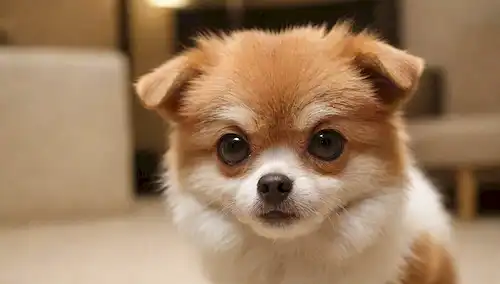 pequeño, peluda perro con una cabeza redonda, ojos grandes, cara plana, oídos erectos, cola curvada, piel blanca y roja, foco suave, iluminación caliente