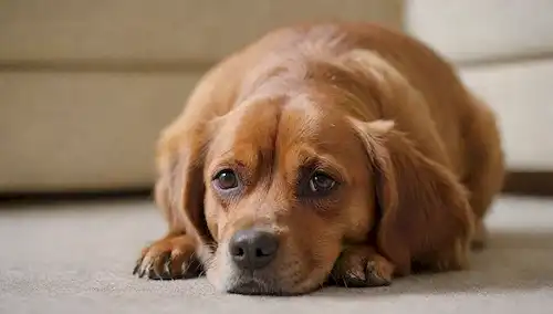un perro rojo y picazón con rasguños en su piel, un cierre de un pustule o mite en su abrigo, una textura peluda en el foco, fondo borroso de un salón o patio, tonos de color cálido, fuente de luz natural