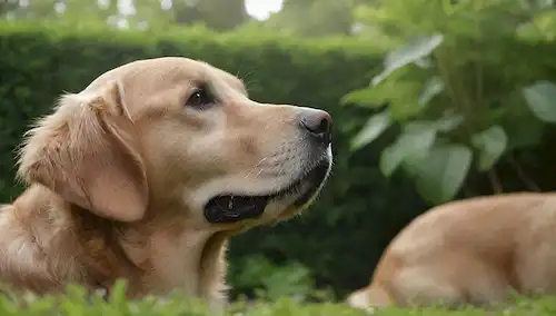 Un suave recuperador de oro que olía curiosamente alrededor de hojas de plantas tóxicas, con una pantalla transparente o barrera de malla entre ellas, en medio de un exuberante fondo verde, con otras plantas seguras de perros y un sutil indicio de peligro en las sombras