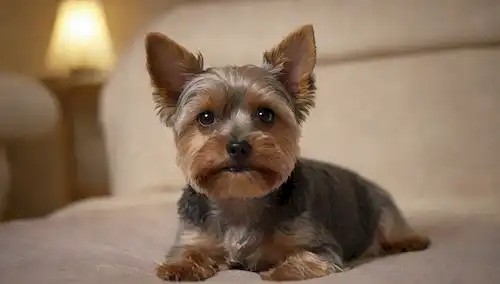 perro pequeño, Yorkshire Terrier crianza, recubrimiento de pelo rizado, ojos marrones, nariz negra, expresión facial adorable, sentado o tumbado postura, posiblemente con una manta suave o juguete cercano, caliente y acogedor iluminación