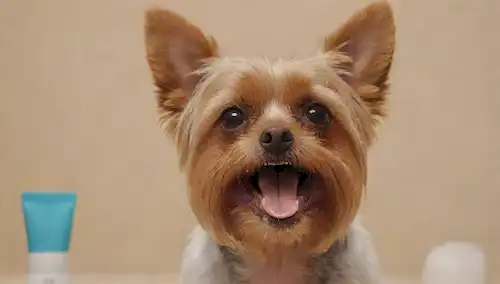 Una cara juguetona Yorkshire Terriers, ojos marrones brillantes, pelaje blanco y bronceado, boca abierta con dientes diminutos, lengua ligeramente hacia fuera, rodeado de accesorios de higiene dental como cepillo de dientes, pasta de dientes y floss, todo fijado en un fondo beige cálido o de color crema