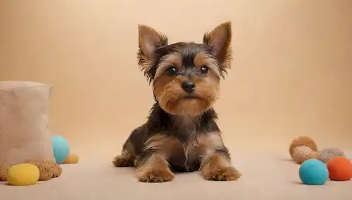ilustración 3D de un cachorro de Yorkshire Terrier juguetón rodeado de juguetes y golosinas, sentado en un cojín o alfombra suave, con una expresión tranquila y curiosa, tal vez mirando directamente al espectador, situado en un fondo beige cálido o de color crema con texturas sutiles, que transmiten un sentido de comodidad, dulzura y compañerismo