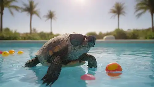 Un tortoise en una piscina con gafas de sol, rodeado de lirios flotantes de agua, unos pocos rayos de sol, un refrescante cubo de hielo, una palmera y una bola de playa, transportando una vibración de verano sin preocupaciones