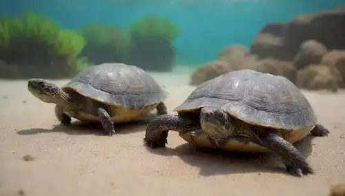 2 tortugas, una en tierra, una en agua, ambas con conchas, diferentes especies, Tortuga terrestre y Tortuga acuática, hábitats acuáticos y terrestres, estilo ilustrativo, fondo colorido, visualmente distintos