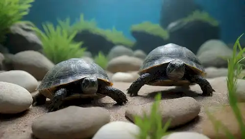 tortugas 3D, terrestres y acuáticas, en ambientes de hábitat, vegetación, agua, rocas, conchas, tamaños variables, iluminación realista, sombras, enfoque suave, colores