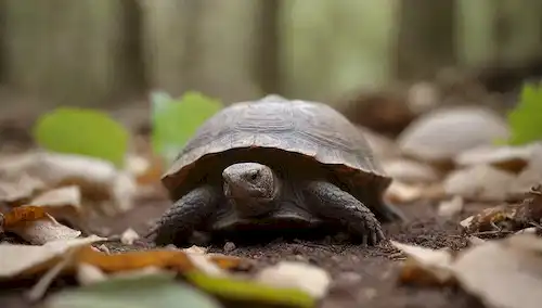 Una cálida y acogedora madriguera con hojas secas y ramitas, una suave pendiente que conduce a un lugar soleado, una cabeza de tortugas mirando desde debajo de una hoja, un enfoque suave en el entorno natural, tonos terrenales dominantes, un sentido de serenidad y tranquilidad