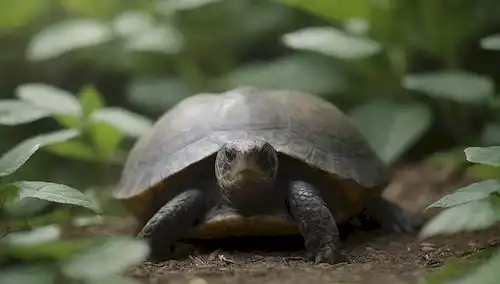 Un cálido y acogedor nido con hojas suaves, una suave tortuga acurrucada, ojos cerrados, cáscara brillando en suave luz, quizás rodeado de un exuberante vegetación, un sutil toque de tonos terrenales, y un sentido de tranquilidad