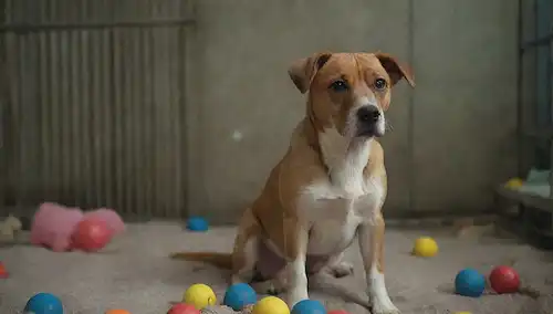 Un perro de ojos tristes sentado en una cama de jaulas sucias, con barras cerrando, rodeado de juguetes dispersos y tratados olvidados, transmitiendo un sentido de desesperación y negligencia
