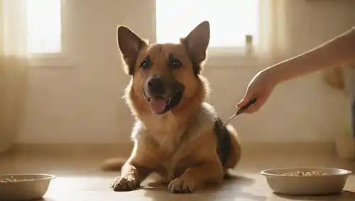 Un perro feliz siendo acariciado por un manejador suave, con un cuenco de comida junto a ellos, y un cepillo en la mano del cuidador, puesto en un fondo natural cálido con la luz del sol o un entorno interior acogedor