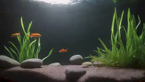 Plantas de agua balanceándose suavemente cerca de una superficie de agua filtrada