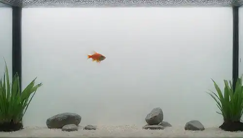 Un disparo de cerca de un tanque de pescado con unas cuantas piedras de aire suavemente en el agua, rodeado por un ventilador que sopla el aire caliente de arriba, y una cubierta de malla o pantalla alrededor del ventilador para mantener los escombros hacia fuera, contra un fondo blanco tranquilo